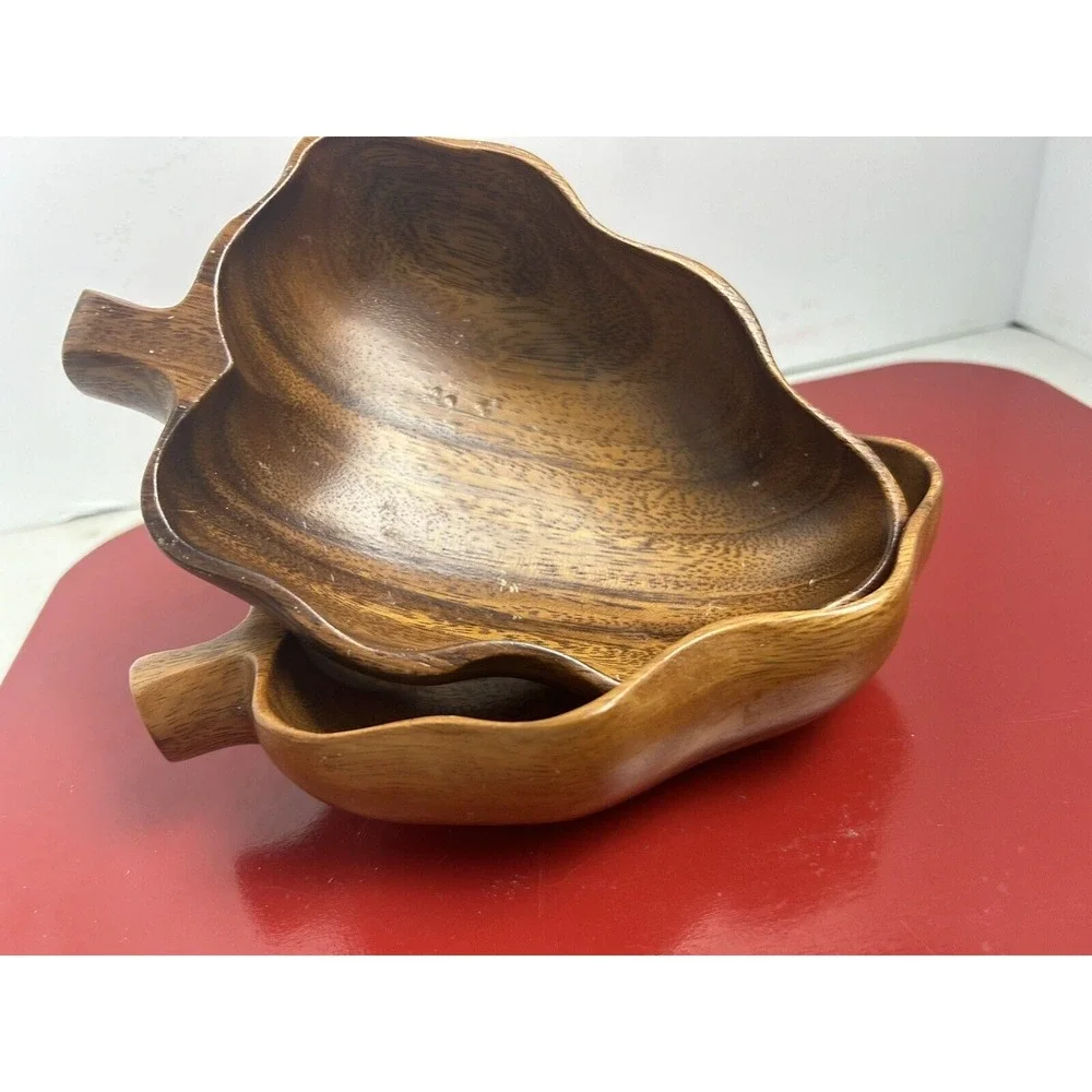 2‎ Vintage Monkey Pod Wood Leaf  Snack Bowl Trinket Dish Tiki Set Philippines